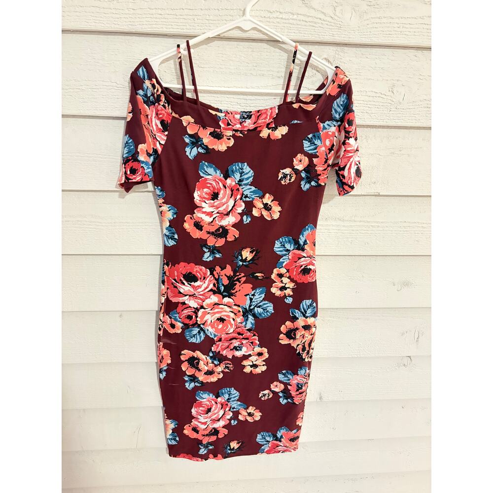 Floral Bodycon Dress | Off Shoulder Strappy | Size M | Burgundy Pink Blue - Picture 2 of 7